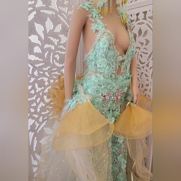 "LADY STEPHANIE" 2 Piece Mint Green & Gold Gatsby Inspired Wedding Gown Set - Picture 11 of 12